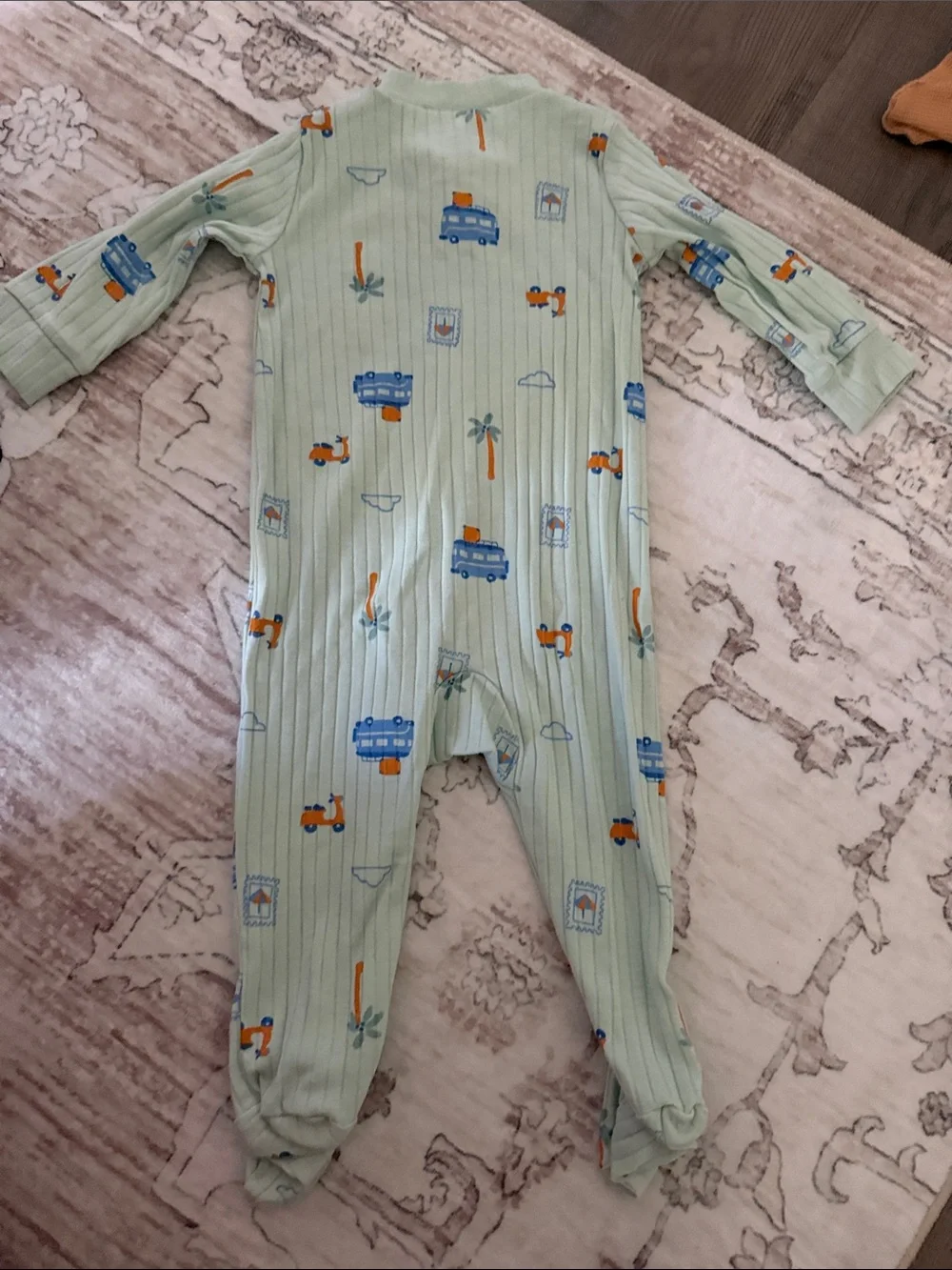 Carters Baby Green Footed One-Piece Sleeper with fun scooter and vacation print